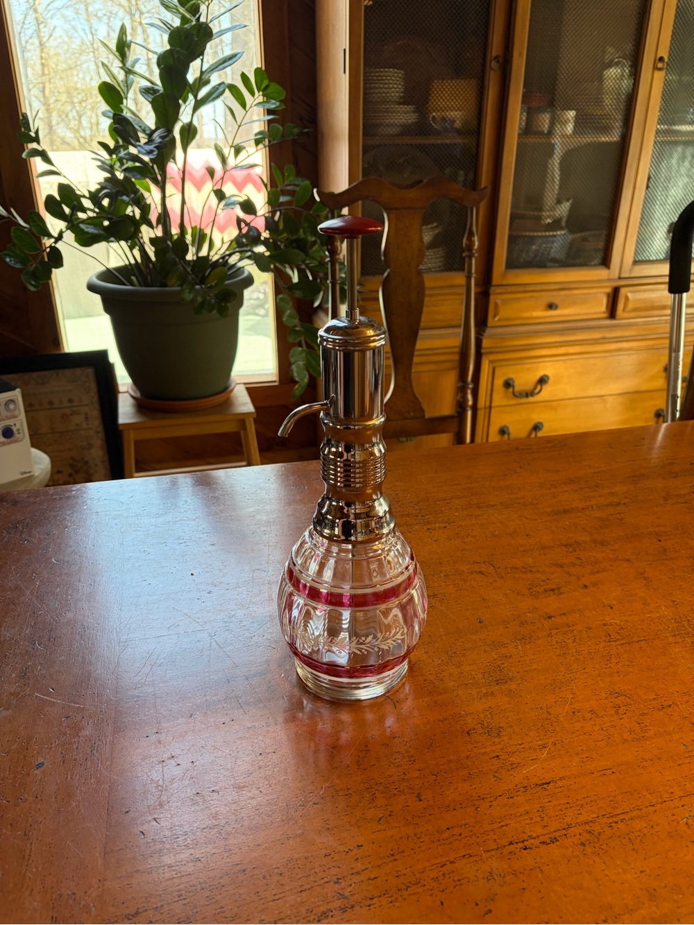 Vintage Hazel Atlas Liqueur Dispenser with Pump MCM Bar Ware Glass & Chrome